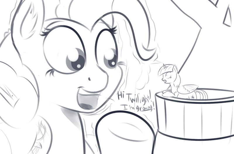 Size: 1024x672 | Tagged: safe, artist:cosmonaut, derpibooru import, pinkie pie, twilight sparkle, twilight sparkle (alicorn), alicorn, pony, balcony, cute, female, giant pony, giantess, growth, macro, mare, monochrome, open mouth, ponk, shocked, smiling, underhoof, waving