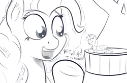 Size: 1024x672 | Tagged: safe, artist:cosmonaut, derpibooru import, pinkie pie, twilight sparkle, twilight sparkle (alicorn), alicorn, pony, balcony, cute, female, giant pony, giantess, growth, macro, mare, monochrome, open mouth, ponk, shocked, smiling, underhoof, waving