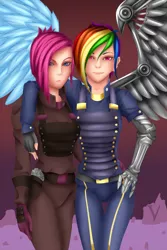 Size: 834x1250 | Tagged: alternate timeline, amputee, apinkalypse pie, apocalypse dash, artist:viracon, augmented, crystal war timeline, derpibooru import, human, humanized, pinkamena diane pie, pinkie pie, prosthetic limb, prosthetics, prosthetic wing, rainbow dash, safe, side hug, thigh gap, winged humanization