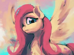 Size: 1600x1200 | Tagged: artist:ruby, derpibooru import, fluttershy, looking at you, looking down, safe, solo, spread wings