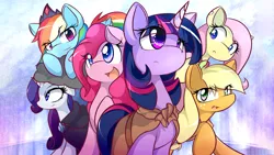 Size: 1920x1080 | Tagged: safe, artist:dshou, derpibooru import, edit, applejack, fluttershy, pinkie pie, rainbow dash, rarity, twilight sparkle, earth pony, pegasus, pony, unicorn, cloak, clothes, cloud, crown, ear piercing, female, looking up, lying down, mane six, mare, missing accessory, open mouth, piercing, raised hoof, simple background, smiling, smirk, wallpaper, wallpaper edit