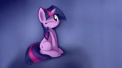 Size: 2560x1440 | Tagged: artist:sheandog, cute, derpibooru import, edit, looking at you, one eye closed, safe, sitting, smiling, solo, twiabetes, twilight sparkle, wallpaper, wallpaper edit, wink