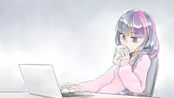 Size: 1920x1080 | Tagged: artist:reavz, chair, clothes, computer, computer mouse, derpibooru import, drinking, edit, female, human, humanized, laptop computer, safe, sitting, solo, twilight sparkle, wallpaper, wallpaper edit