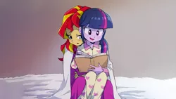 Size: 1920x1080 | Tagged: safe, artist:baekgup, derpibooru import, edit, sunset shimmer, twilight sparkle, twilight sparkle (alicorn), human, equestria girls, rainbow rocks, blushing, book, clothes, cuddling, female, hug, lesbian, open mouth, pajamas, reading, shipping, smiling, snuggling, sunsetsparkle, wallpaper, wallpaper edit