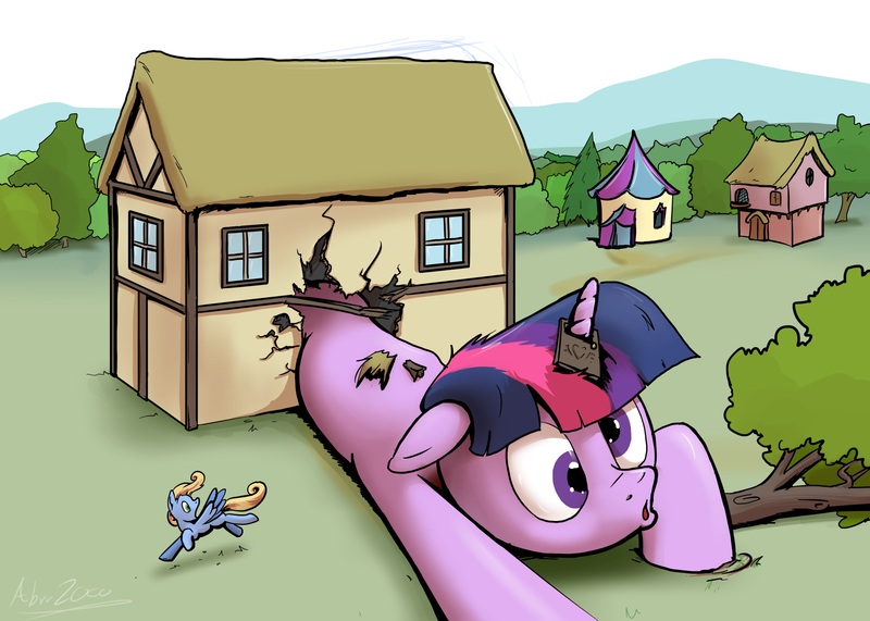 Size: 1920x1371 | Tagged: safe, artist:shieltar, derpibooru import, twilight sparkle, oc, pony, unicorn, comic:giant twilight, derp, giantess, growth, house, macro, tree, unicorn twilight