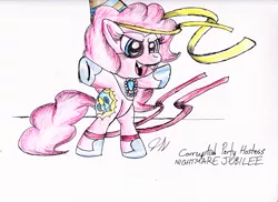 Size: 2334x1700 | Tagged: safe, artist:heromewtwo, derpibooru import, pinkie pie, earth pony, pony, bipedal, corrupted, evil, female, fight, hoof shoes, mare, nightmare jubilee, open mouth, simple background, solo, standing, traditional art, white background