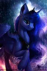 Size: 1024x1536 | Tagged: safe, artist:lulemt, derpibooru import, princess luna, alicorn, pony, beautiful, bedroom eyes, ear fluff, female, fluffy, mare, modified accessory, rain, raised hoof, smiling, solo, spread wings, wet