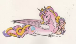 Size: 1024x590 | Tagged: artist:sagastuff94, derpibooru import, mama cadence, mother and daughter, pale belly, princess cadance, princess flurry heart, prone, safe, simple background, spoiler:s06, traditional art, watercolor painting