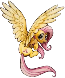 Size: 821x973 | Tagged: safe, artist:wingedwolf94, deleted from derpibooru, derpibooru import, fluttershy, airborne, both cutie marks, flying, looking at you, looking back, rear view, simple background, solo, spread wings, traditional art, transparent background