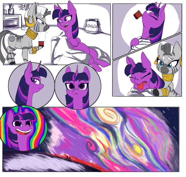 Size: 2044x1945 | Tagged: 4chan, artist:helloiamyourfriend, artist:yourfriendsalamisalamander, derpibooru import, dilated pupils, drugs, /mlp/, peyote, psychedelic, rainbow, safe, tripping, twilight sparkle, zebra, zecora