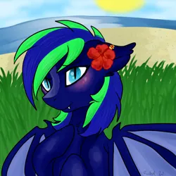 Size: 700x700 | Tagged: safe, artist:p0n1es, derpibooru import, oc, oc:silver fang, unofficial characters only, bat pony, pony, beach, blushing, cute, fangs, femboy, floppy ears, flower, flower in hair, fluffy, girly, grass, hibiscus, lidded eyes, looking at you, male, smiling, solo, spread wings, sun, trap