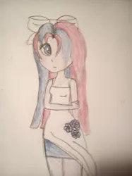 Size: 704x939 | Tagged: artist needed, safe, derpibooru import, oc, oc:flower blossom, unofficial characters only, human, blue eyes, clothes, dress, female, hair bow, hair over one eye, humanized, multicolored hair, transgender