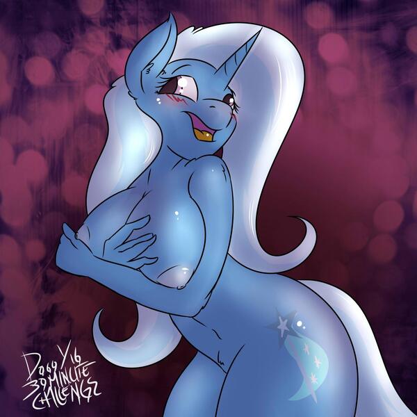 Size: 1280x1280 | Tagged: questionable, artist:dogg, deleted from derpibooru, derpibooru import, trixie, anthro, unicorn, 30 minute art challenge, blushing, breasts, busty trixie, covering, embarrassed, embarrassed nude exposure, failed covering, female, nipples, nudity, solo, solo female