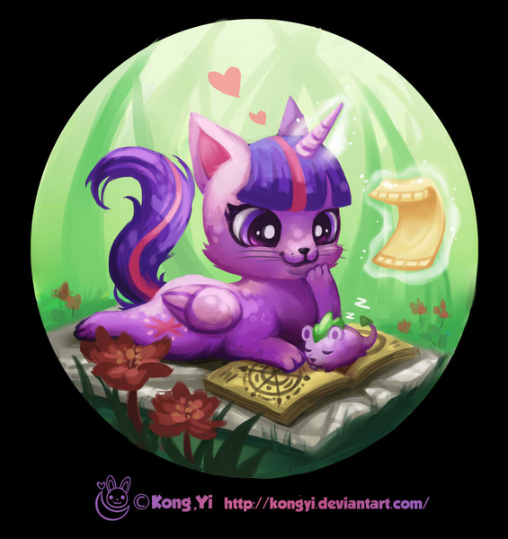 Size: 1000x1062 | Tagged: safe, artist:kongyi, derpibooru import, spike, twilight sparkle, twilight sparkle (alicorn), cat, mouse, :3, :3c, book, catified, cute, duo, flower, heart, horn, levitation, magic, mousified, prone, reading, smiling, species swap, spikabetes, telekinesis, twiabetes, twilight cat, weapons-grade cute, wings