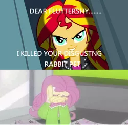 Size: 952x928 | Tagged: semi-grimdark, derpibooru import, edit, edited screencap, screencap, fluttershy, sunset shimmer, equestria girls, abuse, bully, caption, female, flutterbuse, implied angel bunny, implied angelbuse, implied murder, kick the son of a bitch, psychological abuse, this will end in school shooting
