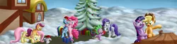 Size: 4800x1200 | Tagged: safe, artist:uber-dragon, derpibooru import, angel bunny, applejack, fluttershy, pinkie pie, rainbow dash, rarity, scootaloo, spike, twilight sparkle, twilight sparkle (alicorn), alicorn, pony, christmas, christmas tree, female, hat, hug, mane seven, mane six, mare, present, santa hat, snow, tree