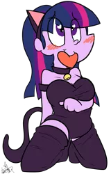 Size: 1553x2424 | Tagged: animal ears, animal tail, artist:befishproductions, bell, bell collar, blushing, breasts, busty twilight sparkle, cat, cat bell, cat ears, catsuit, cat tail, collar, cute, derpibooru import, fake tail, female, heart, heart eyes, human, humanized, pony coloring, signature, simple background, solo, solo female, suggestive, transparent background, twiabetes, twilight sparkle, wingding eyes