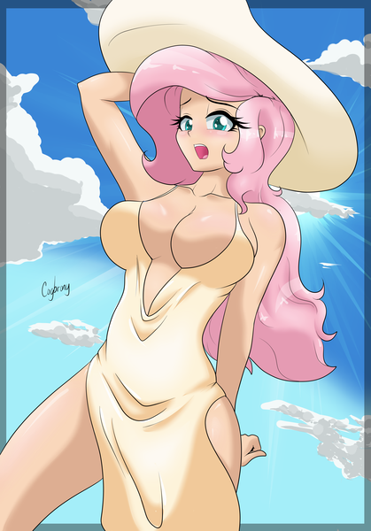 Size: 4474x6401 | Tagged: absolute cleavage, absurd resolution, artist:thebrokencog, blushing, braless, breasts, busty fluttershy, cleavage, clothes, derpibooru import, dress, female, fluttershy, hat, human, humanized, looking at you, open mouth, side slit, solo, solo female, suggestive