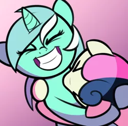 Size: 1280x1266 | Tagged: safe, artist:furrgroup, derpibooru import, bon bon, lyra heartstrings, sweetie drops, earth pony, pony, unicorn, adorabon, cute, eyes closed, female, hug, irrational exuberance, lesbian, lyrabetes, lyrabon, mare, open mouth, pink background, shipping, simple background, smiling, xd