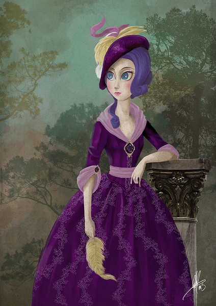 Size: 595x842 | Tagged: alternate hairstyle, artist:ladyamaltea, bust, clothes, column, derpibooru import, dress, feather, gown, hat, human, humanized, pastiche, portrait, rarity, rococo, safe, solo, tree