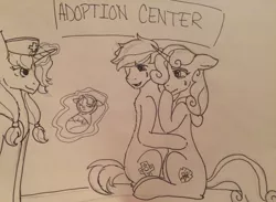 Size: 3084x2253 | Tagged: safe, artist:solarist97, derpibooru import, button mash, sweetie belle, oc, oc:sweet tea, pony, adopted offspring, adoption, baby, baby pony, cutie mark, female, male, monochrome, newborn, older, parent:button mash, parent:sweetie belle, parents:sweetiemash, shipping, story in the source, straight, sweetiemash, the cmc's cutie marks, traditional art