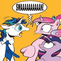 Size: 5400x5400 | Tagged: absurd resolution, derpibooru import, exploitable, exploitable meme, fallout 4, idw, meme, necktie, obligatory pony, princess cadance, safe, screaming armor, shining armor, speech bubble, spoiler:comic, swan, twilight sparkle, wrong aspect ratio, younger