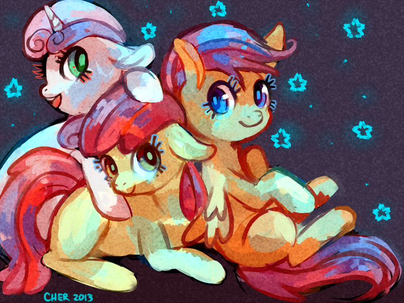 Size: 1280x960 | Tagged: safe, artist:cherivinca, derpibooru import, apple bloom, scootaloo, sweetie belle, earth pony, pegasus, pony, unicorn, cutie mark crusaders, female, filly, looking at you, sitting