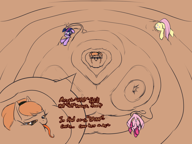 Size: 1280x962 | Tagged: questionable, artist:calorie, derpibooru import, fluttershy, pinkie pie, twilight sparkle, oc, oc:thingpone, earth pony, pony, absorption, belly, blob, body horror, burp, butt, dialogue, eldritch abomination, fat, fat fetish, fetish, impossibly large, impossibly large belly, morbidly obese, obese, plot, quicksand, rolls of fat, vore