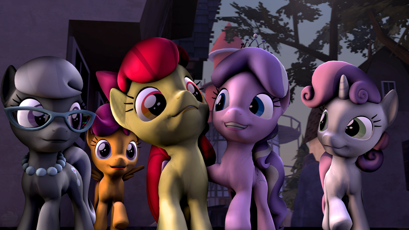 Size: 1280x720 | Tagged: 3d, apple bloom, artist:neon-ns, cutie mark crusaders, derpibooru import, diamond tiara, glasses, necklace, safe, scootaloo, silver spoon, sweetie belle