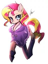 Size: 982x1316 | Tagged: safe, artist:lessue, derpibooru import, sunset shimmer, pony, unicorn, clothes, coat, hoof boots, solo, winter outfit
