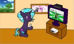 Size: 752x452 | Tagged: blumiere, count bleck, derpibooru import, mr.l, oc, oc:gem storm, offspring, parent:amethyst star, parents:amethystlane, parent:thunderlane, safe, solo, timpani, tippi, unofficial characters only, wii, wiimote, wii remote