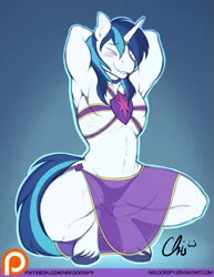 Size: 791x1024 | Tagged: anthro, arm behind head, armpits, artist:nekocrispy, bare chest, belly button, belly dancer, blushing, clothes, crossdressing, cuntboy, dancing, derpibooru import, edit, horn ring, intersex, lip bite, muscles, patreon, patreon logo, see-through, sexy armor, shining armor, solo, solo cuntboy, squatting, suggestive, topless, underass, unguligrade anthro