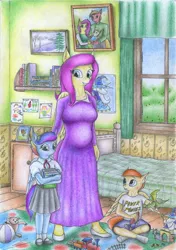 Size: 1965x2799 | Tagged: safe, artist:sinaherib, derpibooru import, big macintosh, fluttershy, oc, oc:rainfall, oc:summer wind, anthro, pegasus, plantigrade anthro, big breasts, breasts, busty fluttershy, family photo, female, fluttermac, fluttermom, male, offspring, parent:big macintosh, parent:fluttershy, parent:rainbow dash, parent:soarin', parents:fluttermac, parents:soarindash, pregnant, shipping, story included, straight, toy