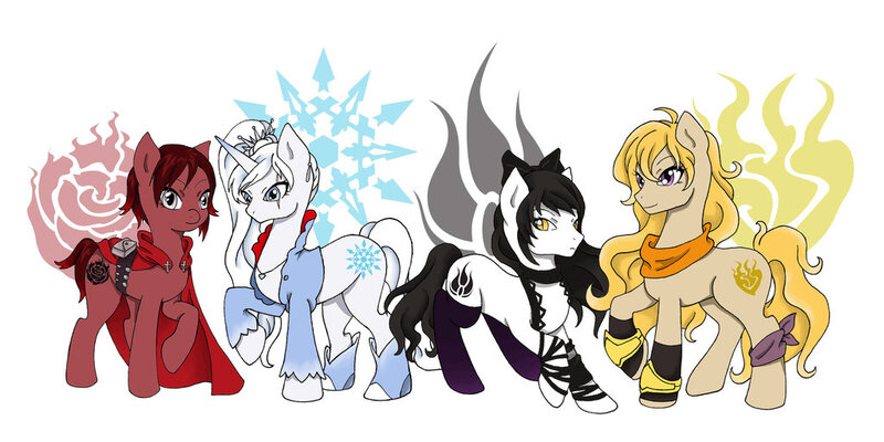 Size: 1024x512 | Tagged: artist:remfey, blake belladonna, derpibooru import, ponified, ruby rose, rwby, safe, semblance, weiss schnee, yang xiao long