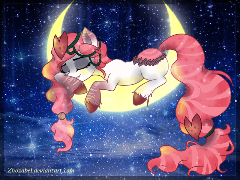 Size: 960x720 | Tagged: artist:zhozabel, derpibooru import, moon, oc, oc:lotus plaza, safe, sleeping, solo, stars, tangible heavenly object, unofficial characters only, unshorn fetlocks