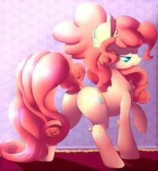 Size: 3000x3250 | Tagged: safe, artist:madacon, derpibooru import, pinkie pie, earth pony, pony, alternate hairstyle, bedroom eyes, chest fluff, colored, cute, diapinkes, dock, ear fluff, female, leg fluff, looking away, no pupils, plot, ponytail, raised hoof, rear view, smiling, solo