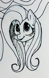 Size: 1064x1678 | Tagged: safe, artist:bangaraa, derpibooru import, fluttershy, bust, looking at you, looking up, monochrome, portrait, solo, traditional art