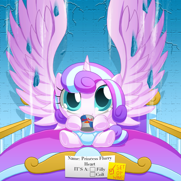 Size: 1000x1000 | Tagged: artist:berrypawnch, berrypawnch is trying to murder us, crib, debris, derpibooru import, diaper, drinking, energy drink, impossibly large wings, large wings, looking at you, princess flurry heart, red bull, safe, sitting, solo, spoiler:s06, spread wings, underhoof, wings