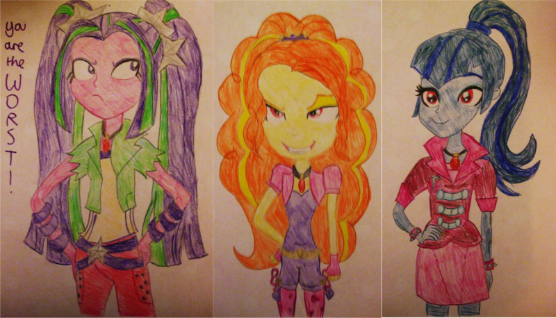 Size: 2289x1310 | Tagged: safe, artist:blazingdazzlingdusk, derpibooru import, adagio dazzle, aria blaze, sonata dusk, equestria girls, rainbow rocks, drawing, pose, solo, the dazzlings, traditional art