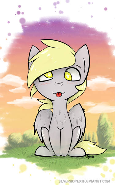 Size: 1050x1680 | Tagged: safe, artist:silverhopexiii, derpibooru import, derpy hooves, pegasus, pony, blushing, chest fluff, looking at you, no pupils, signature, silly, silly pony, sitting, smiling, solo, starry eyes, tongue out, wingding eyes
