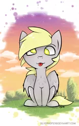 Size: 1050x1680 | Tagged: safe, artist:silverhopexiii, derpibooru import, derpy hooves, pegasus, pony, blushing, chest fluff, looking at you, no pupils, signature, silly, silly pony, sitting, smiling, solo, starry eyes, tongue out, wingding eyes