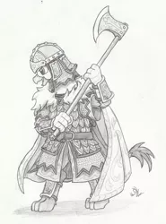 Size: 770x1038 | Tagged: safe, artist:sensko, derpibooru import, gryphon, armor, axe, battle axe, bipedal, cape, clothes, crystal empire, grayscale, monochrome, pencil drawing, simple background, sketch, solo, traditional art, varangian, war axe, weapon, white background