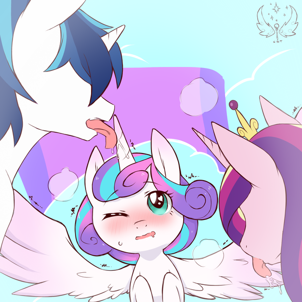 Size: 1280x1280 | Tagged: questionable, artist:cold-blooded-twilight, derpibooru import, princess cadance, princess flurry heart, shining armor, pony, babycon, bad parenting, blushing, drool, female, filly, flurryarmor, flurryarmordance, flurrydance, flurrydancearmor, foalcon, grooming, heart eyes, hornjob, incest, lesbian, licking, male, mare, mare on filly, on back, one eye closed, open mouth, panting, preening, shipping, shivering, spread wings, stallion, stallion on filly, straight, tickling, tongue out, wingboner, wingding eyes, wink