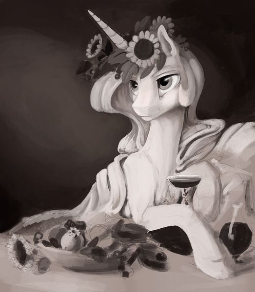 Size: 1743x2000 | Tagged: alcohol, artist:silfoe, bacchus, caravaggio, classic art, derpibooru import, fine art parody, flower, flower in hair, food, michelangelo merisi da caravaggio, monochrome, princess celestia, safe, solo, sunflower, wine, wip