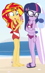 Size: 625x1000 | Tagged: safe, artist:dm29, derpibooru import, sci-twi, sunset shimmer, twilight sparkle, equestria girls, friendship games, barefoot, beach, belly button, bikini, blushing, clothes, down under summer, duo, feet, one-piece swimsuit, phone, sandals, surfboard, swimsuit