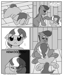 Size: 2100x2500 | Tagged: safe, artist:riscke, derpibooru import, diamond tiara, scootaloo, earth pony, pegasus, semi-anthro, comic:staying dry, blank flank, comforting, comic, crying, dialogue, dock, duo, duo female, female, filly, foal, house, missing accessory, monochrome, open mouth, pouting, scared, speech bubble, trembling