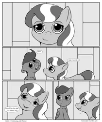 Size: 2100x2500 | Tagged: safe, artist:riscke, derpibooru import, diamond tiara, scootaloo, earth pony, pegasus, semi-anthro, comic:staying dry, comic, dialogue, dock, duo, duo female, female, filly, foal, head tilt, lip bite, missing accessory, monochrome, open mouth, speech bubble
