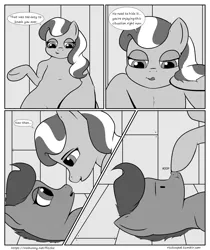 Size: 2100x2500 | Tagged: safe, artist:riscke, derpibooru import, diamond tiara, scootaloo, pony, comic:staying dry, belly button, bipedal, blushing, boop, comic, dialogue, monochrome, speech bubble, tongue out