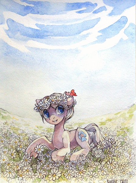 Size: 1440x1931 | Tagged: safe, artist:share dast, derpibooru import, oc, unofficial characters only, butterfly, earth pony, pony, camomile, field, floral head wreath, flower, solo, traditional art, watercolor painting