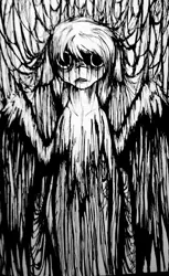 Size: 1382x2259 | Tagged: artist:whitenoiseghost, black and white, derpibooru import, grayscale, grimdark, nightmare fuel, oc, oc:horror vacui, traditional art, unofficial characters only, wings